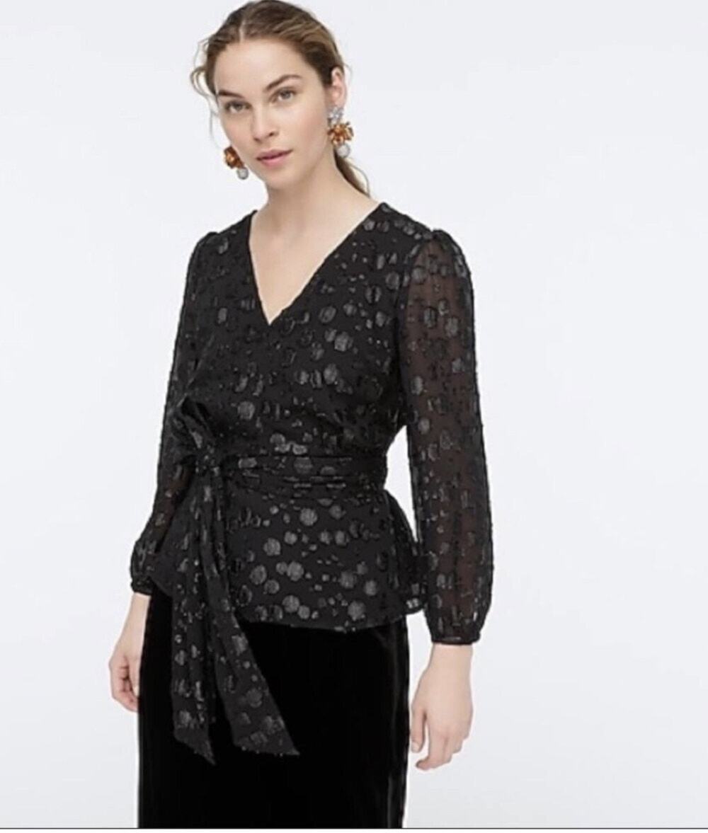 J.Crew Women's Tie-Waist V-Neck Blouse In Black Metallic Dot Size XS